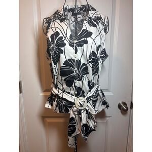 Jones New York Signature Womens Black White Floral Sleeveless Belted Top Large